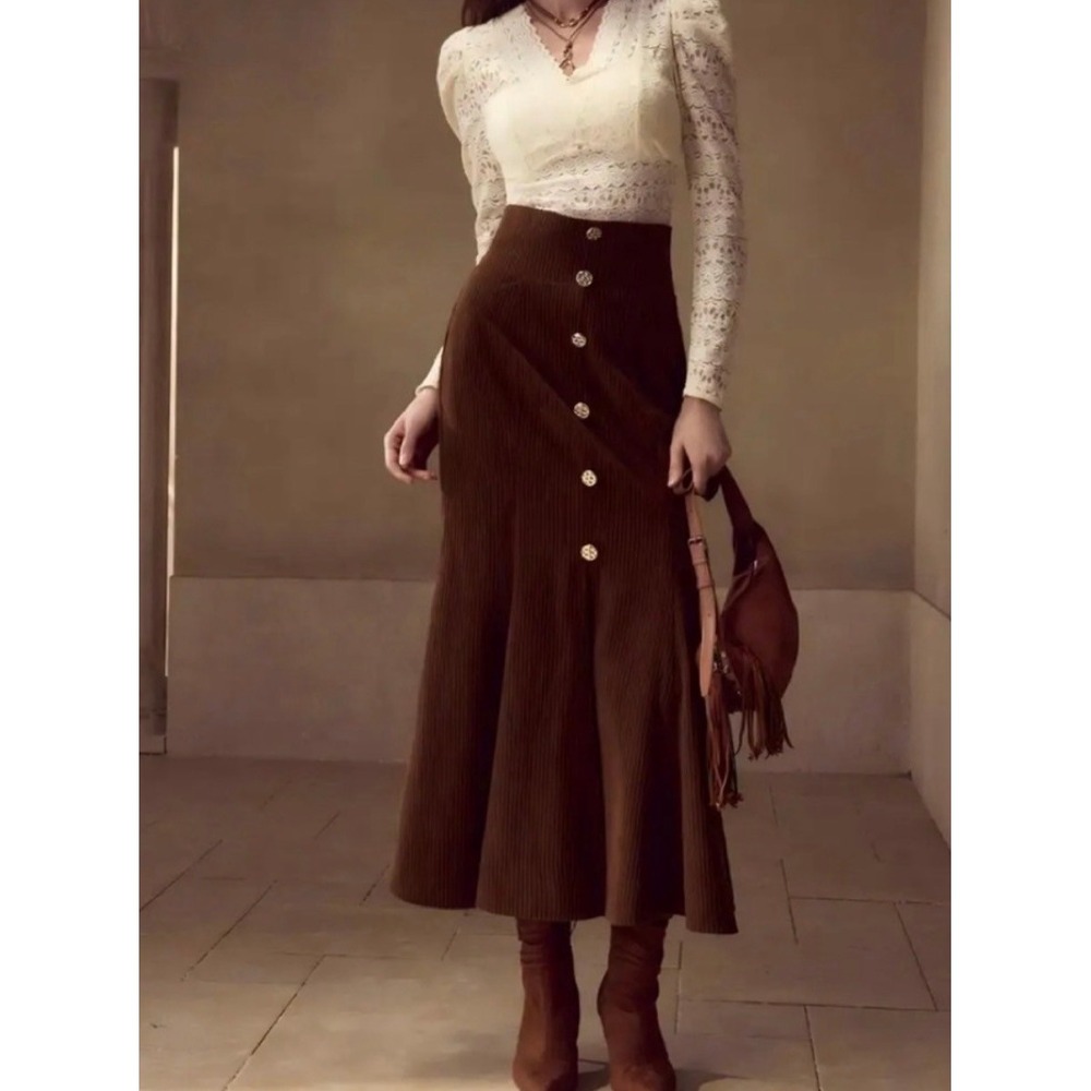 Maxi Skirt Women M Brown Excellent Corduroy Button Front Mermaid Long